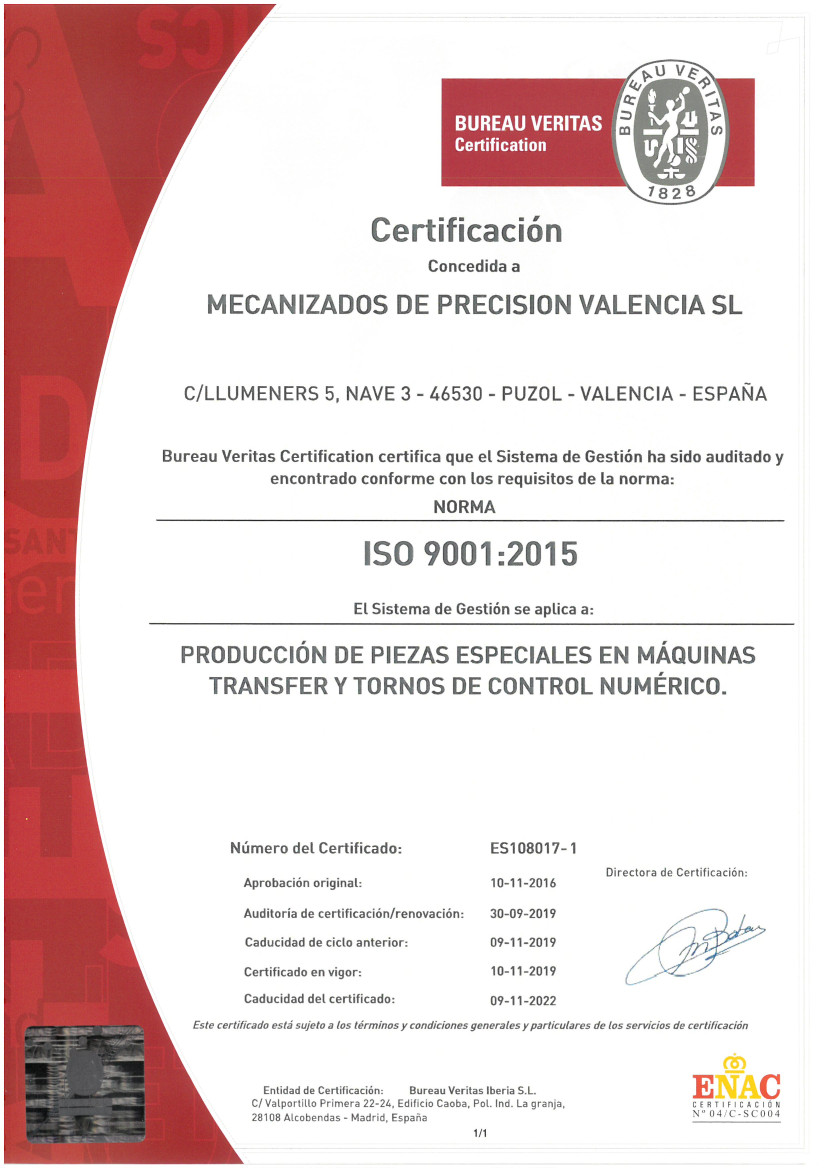 Certificación ISO 9001:2015 Mecanizados de precisión Valencia SL