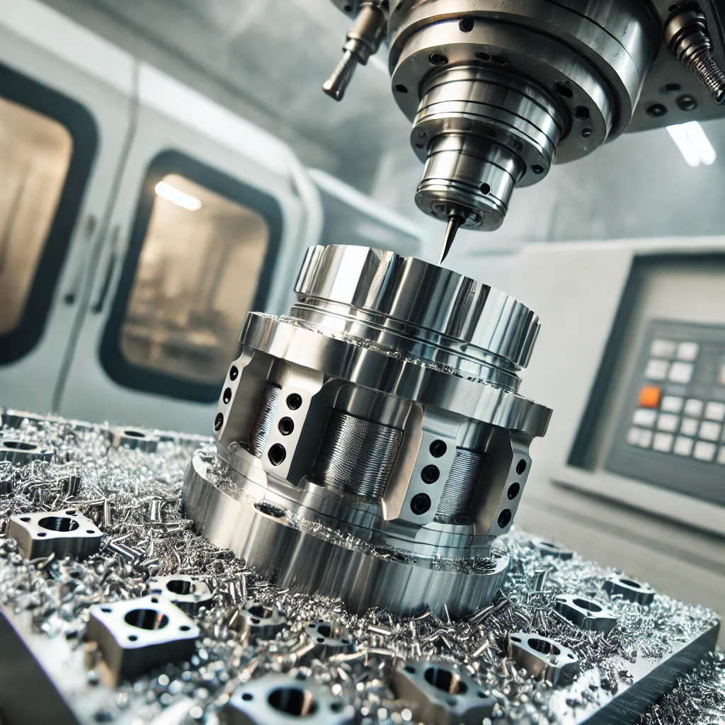 Máquina CNC en un taller industrial mecanizando una pieza hidráulica de acero inoxidable, con virutas metálicas visibles en la mesa de trabajo, destacando la precisión y eficacia del proceso de corte